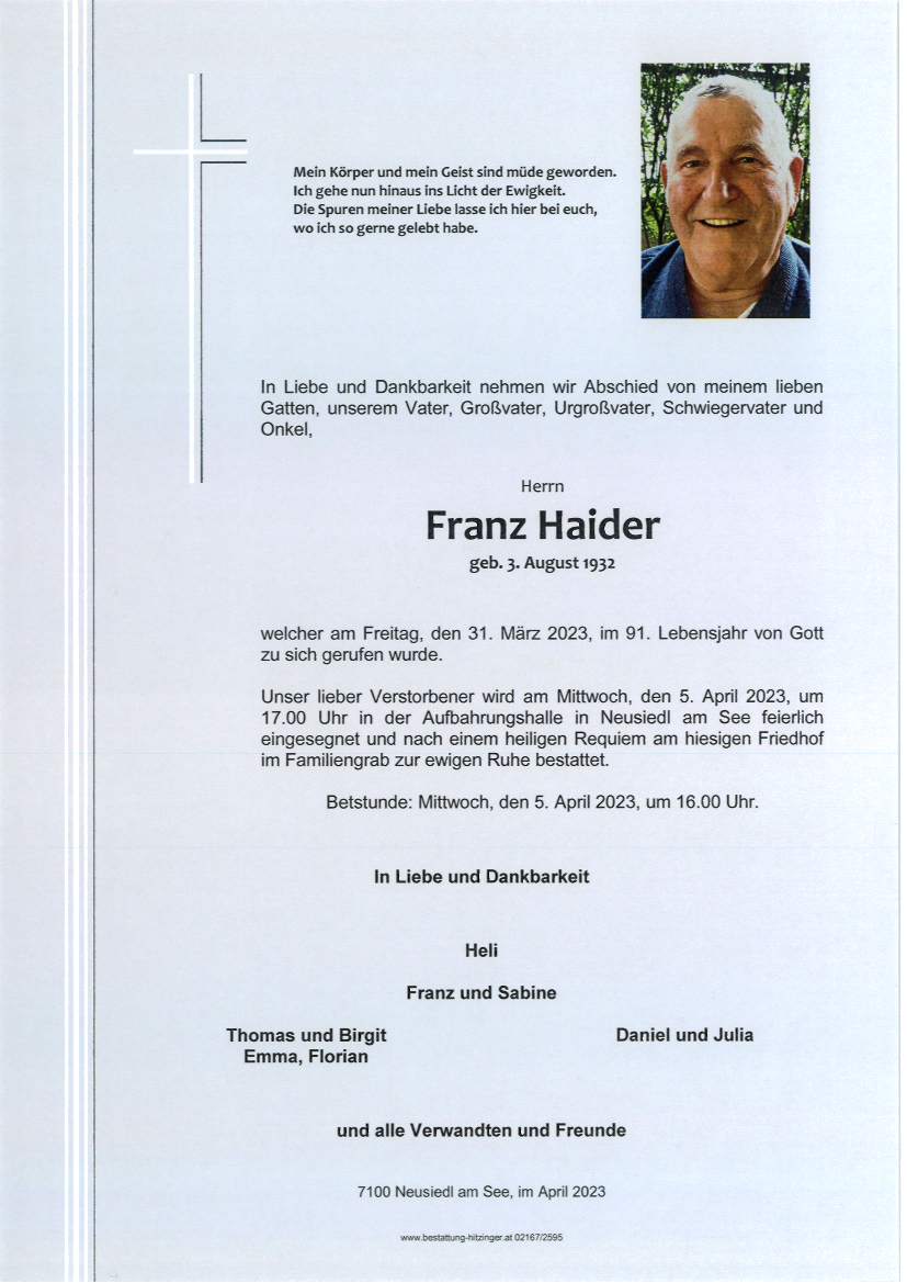 Franz Haider - Bestattung Hitzinger - Ihr Bestatter im Raum Neusiedl am See